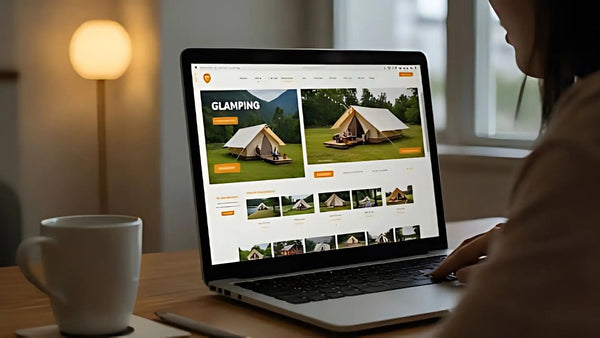 Direct booking website mockup on desktop and mobile screens with calendar and book now button